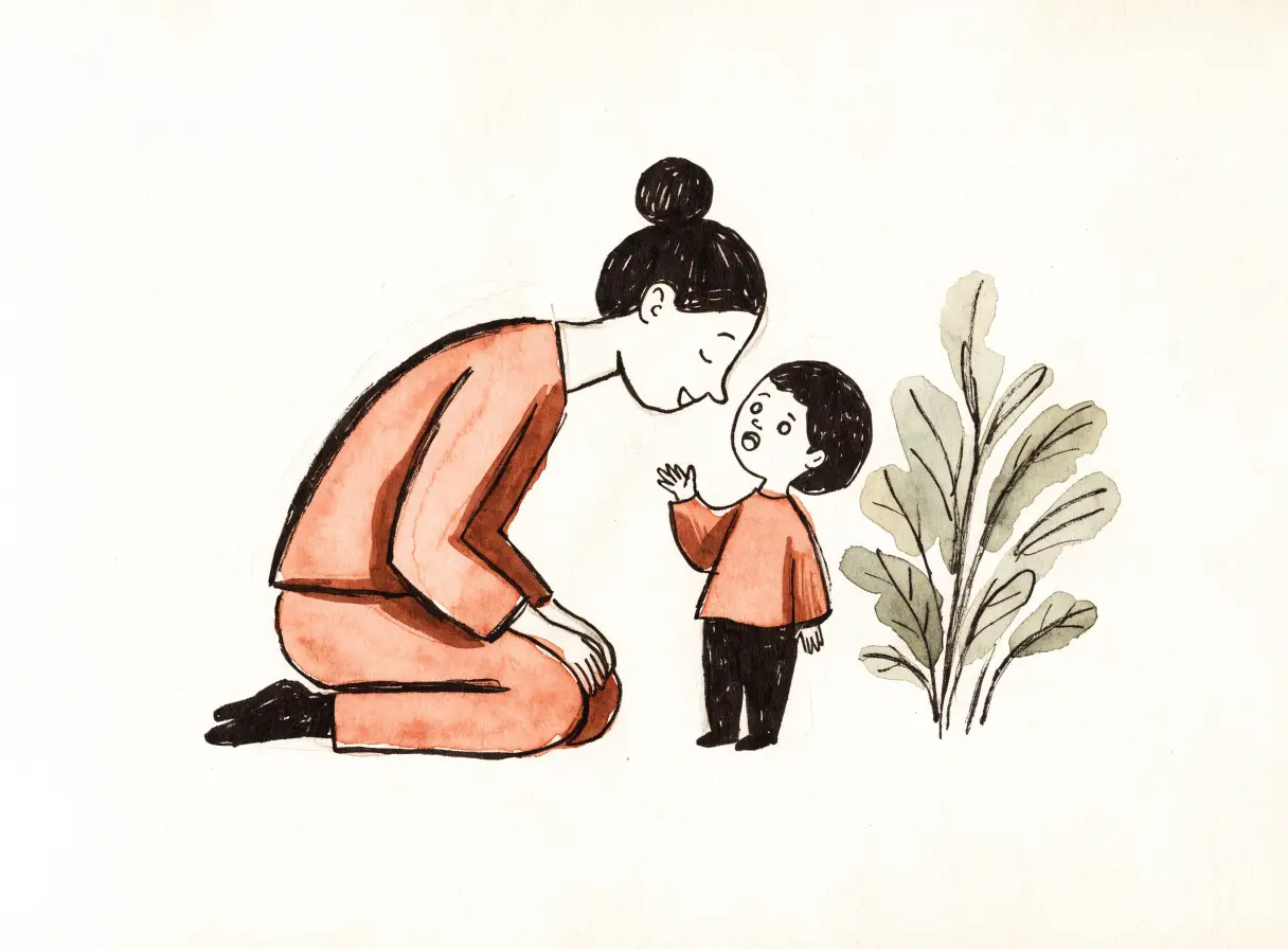 Illustration of an adult kneeling to listen carefully as a child speaks confidently.