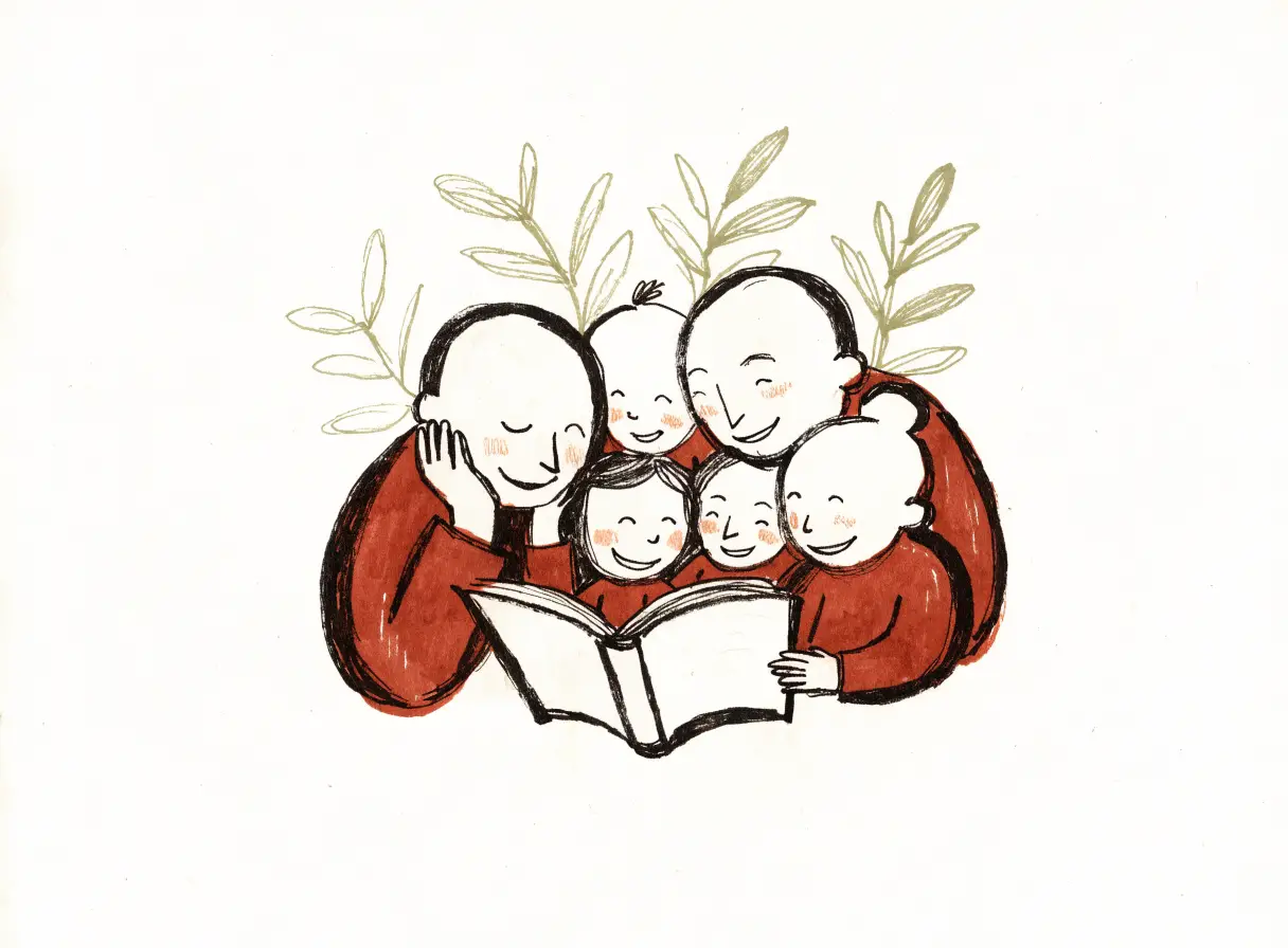 Illustration of two adults and three children gathered together around one big open book.