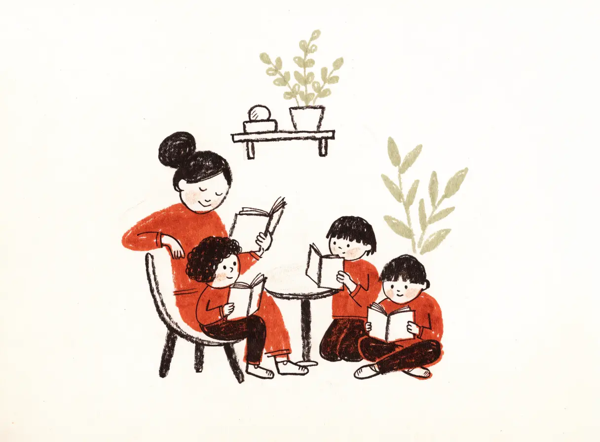 Illustration of an adult reading with a small group of children in a learning centre.