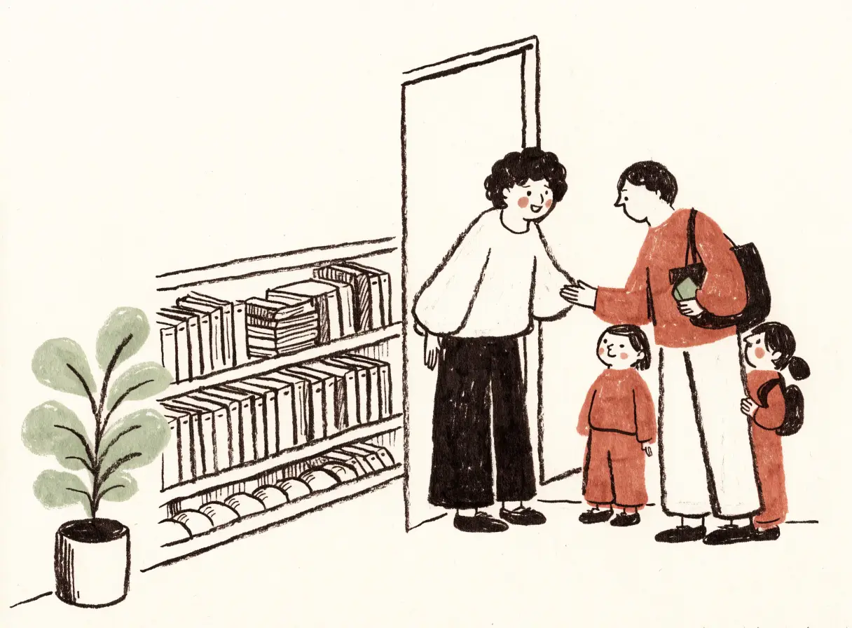 Illustration of a teacher welcoming a parent and two children into a small learning centre.