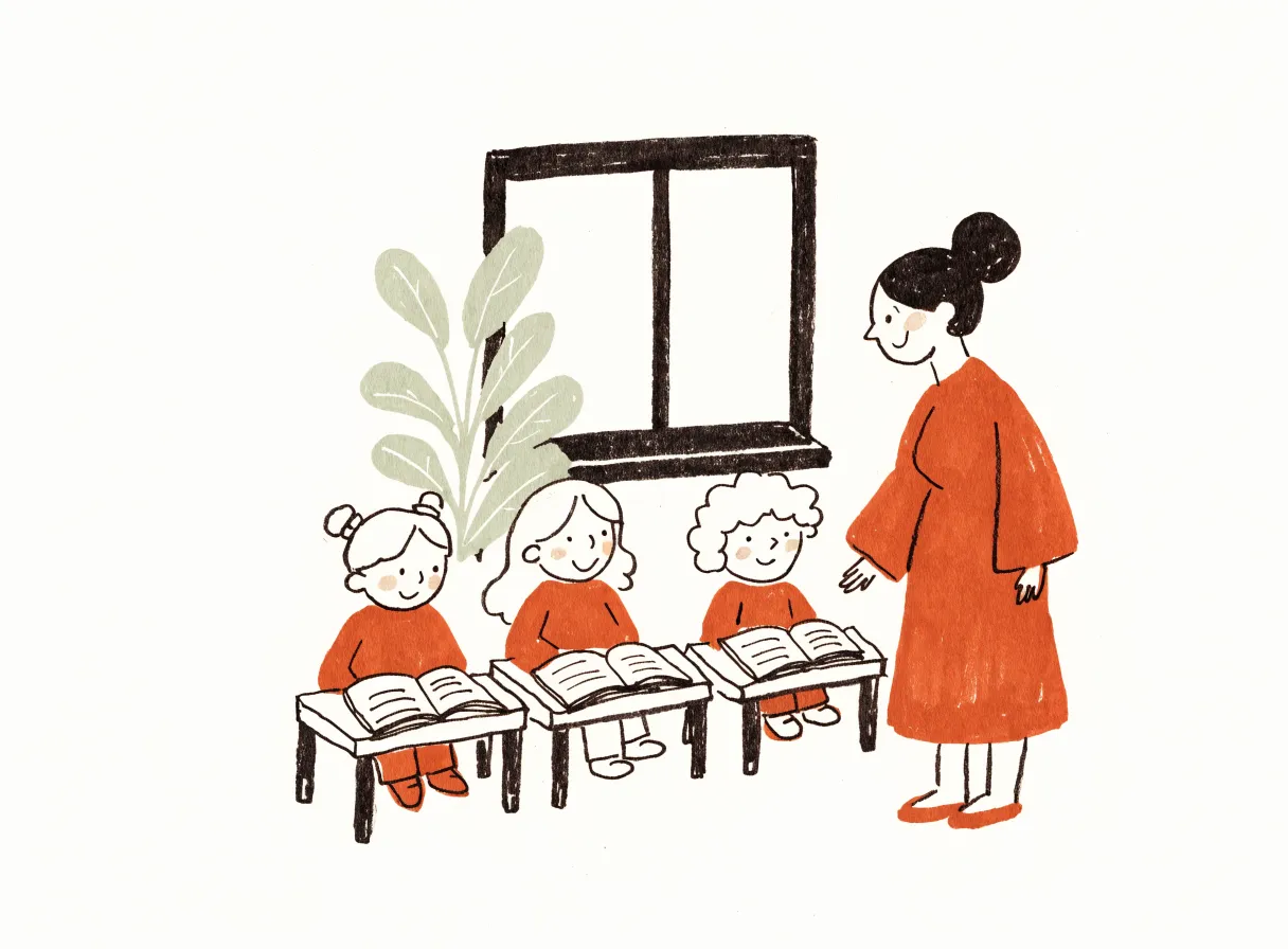 Illustration of a teacher standing beside three children seated at low desks with open books, a window and a plant behind them.