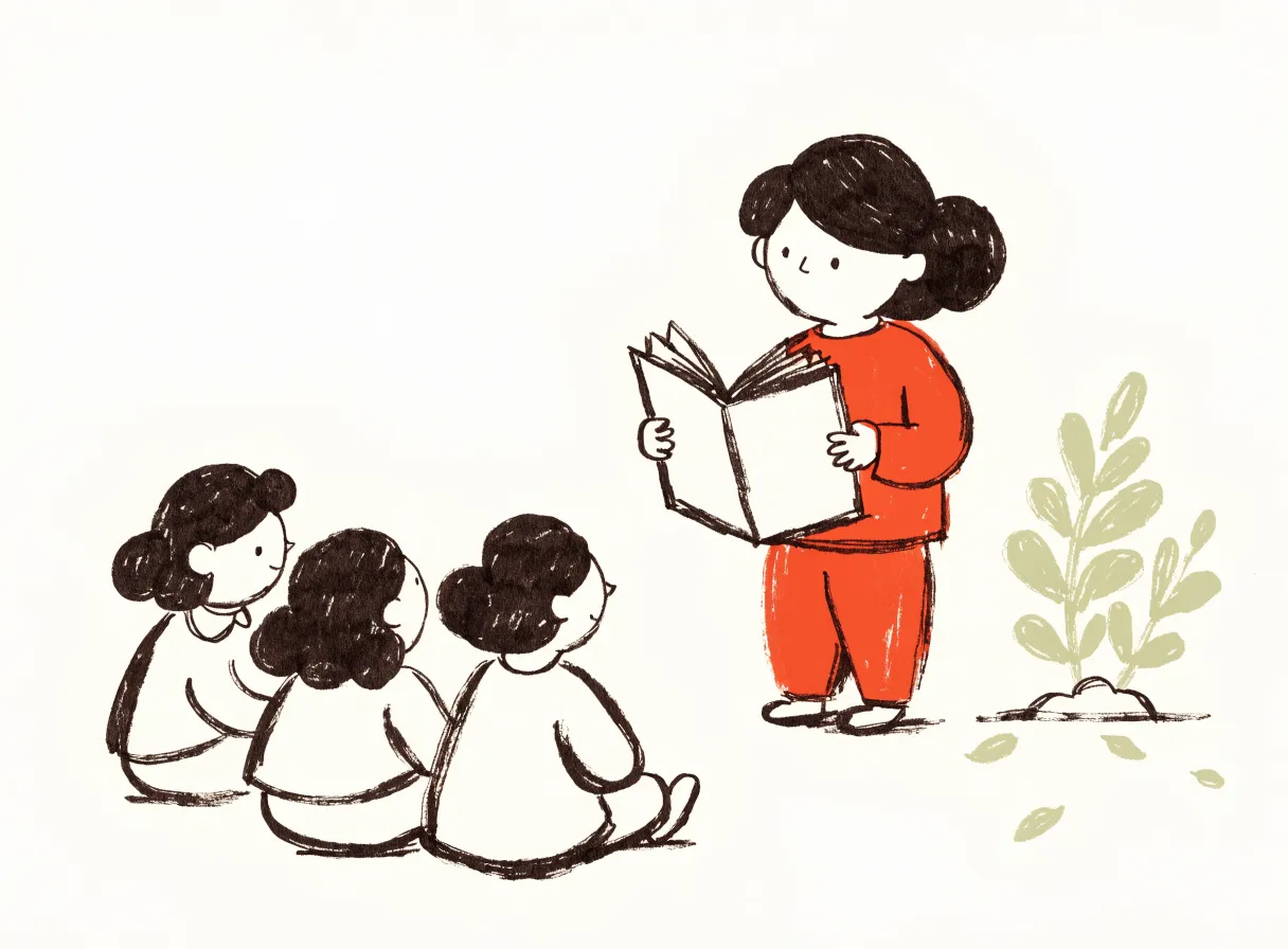 Illustration of a child standing and reading aloud from an open book to three other children seated on the floor.