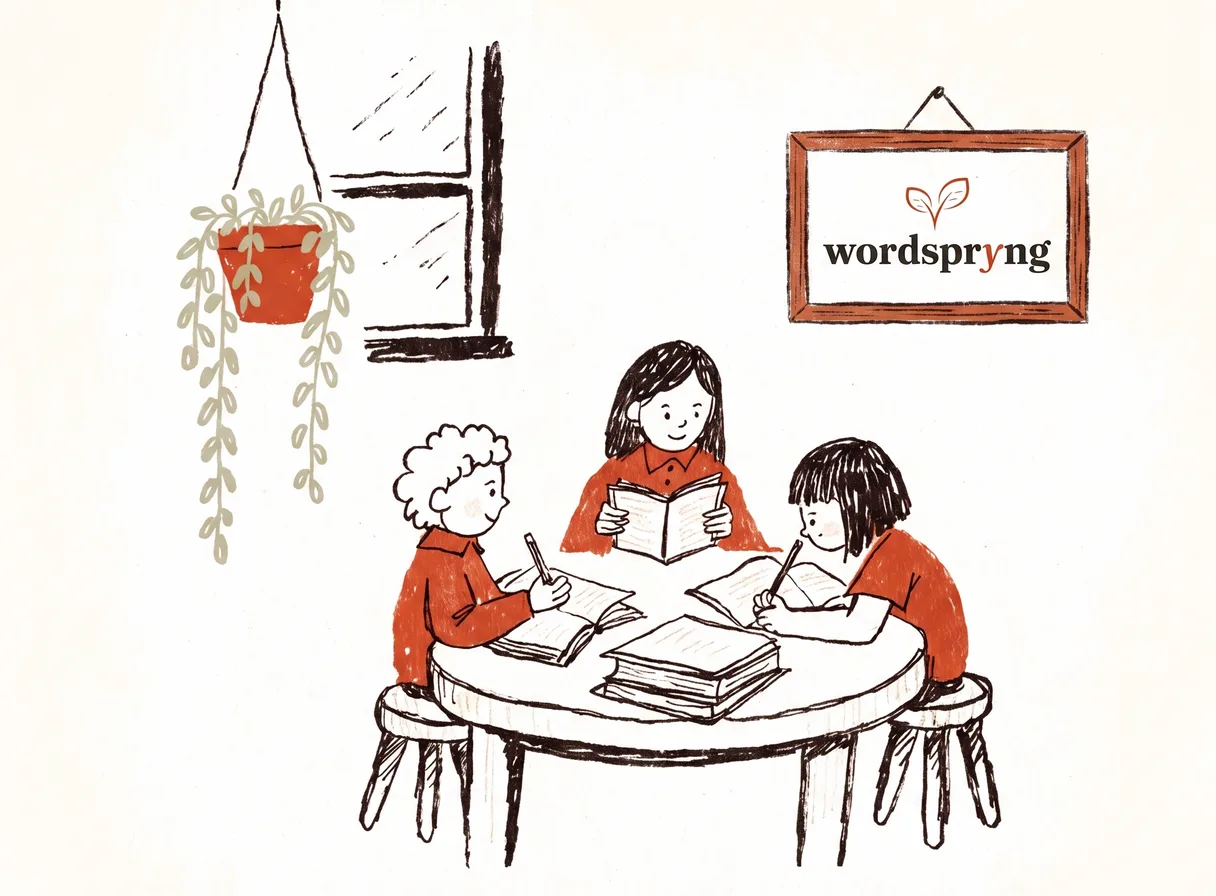 Illustration of a small school building with a Wordspryng banner above the entrance and children walking in through the gate.
