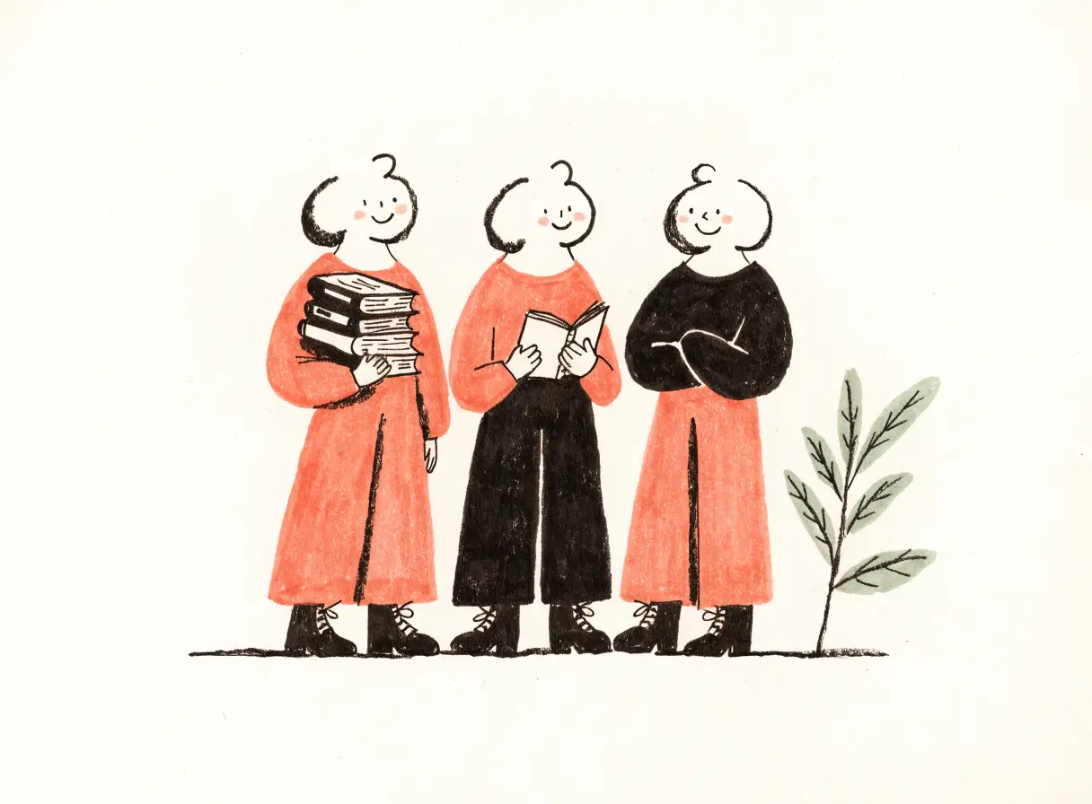 Illustration of three adults standing together, one holding a stack of books, one holding an open book, ready to begin.