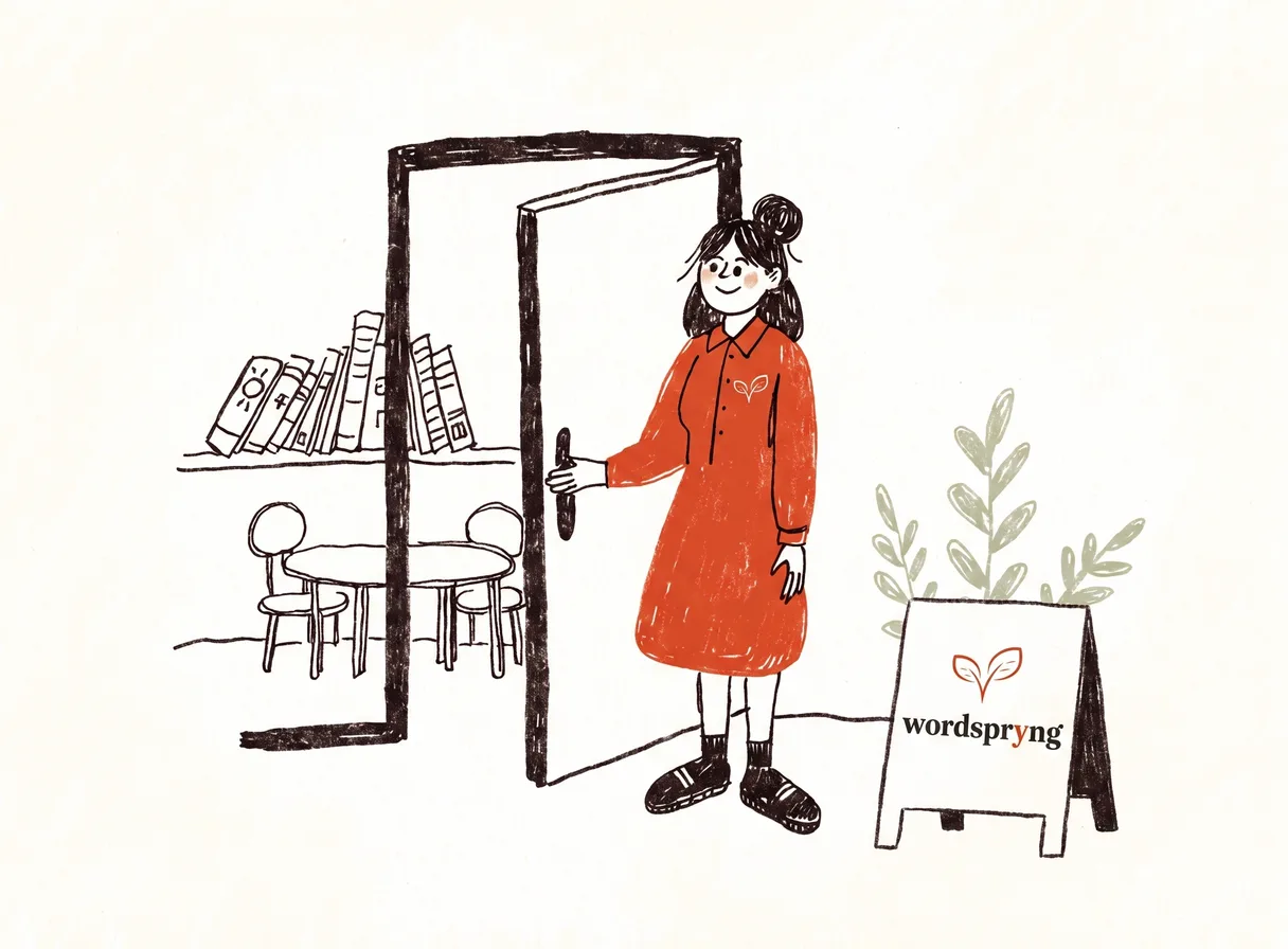 Illustration of a woman holding open the door of her own small reading centre, with a shelf of picture books and child-sized tables behind her.