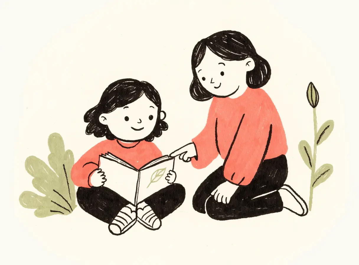 Illustration of an adult sitting beside a child on the floor, pointing at a line in the open book on the child's lap.