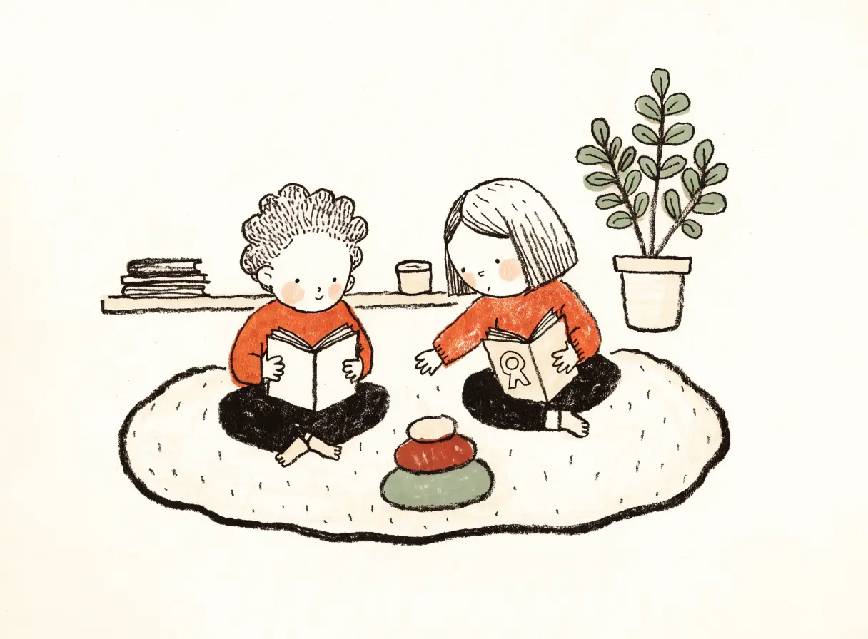 Illustration of two young children sitting on a rug, each absorbed in their own open book.