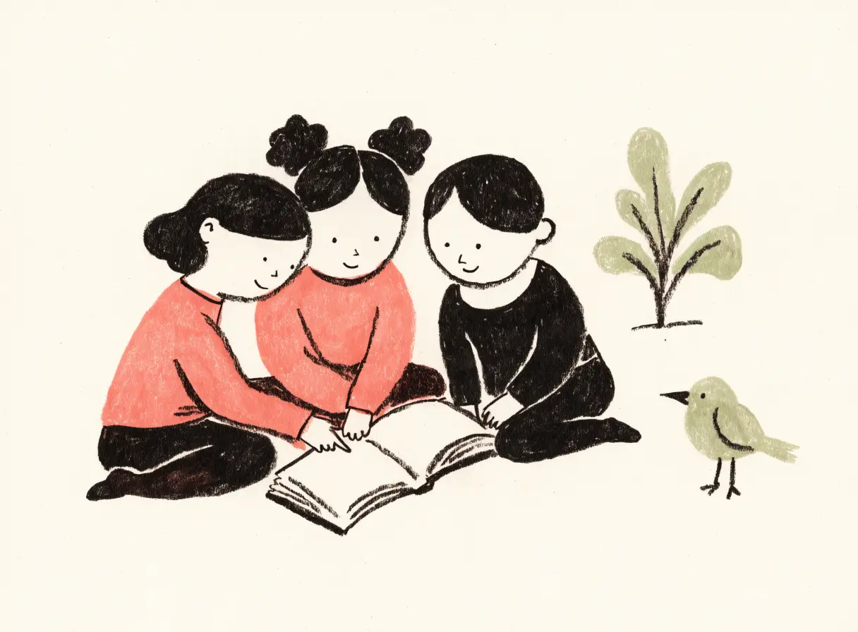 Illustration of three children sitting together on the floor, leaning over one open picture book, with a small bird beside them.