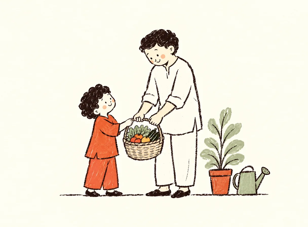 Illustration of a young child and their father carrying a basket of vegetables together, smiling at each other.
