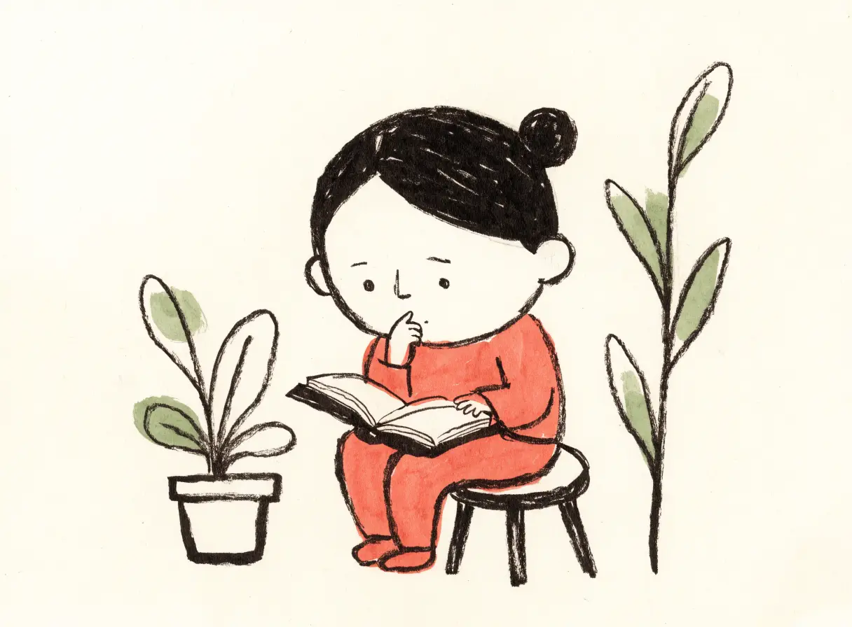 Illustration of a child on a small stool, finger at her lip, puzzling over an open book.