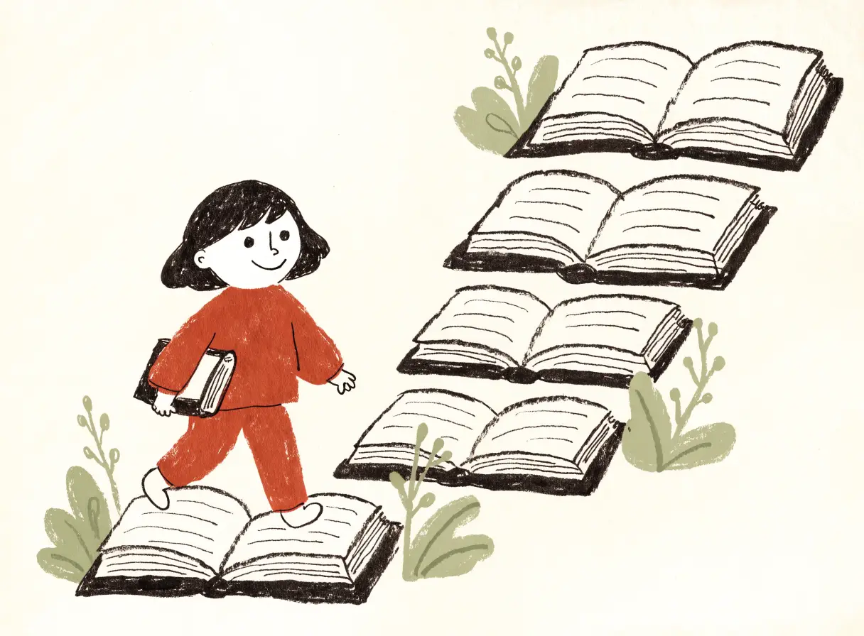Illustration of a child walking along a path made of open books, carrying one under their arm.