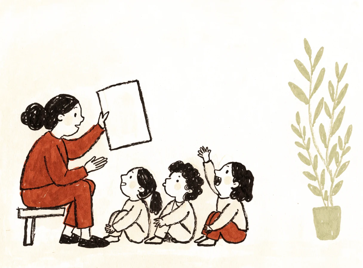 Illustration of a teacher seated on a stool holding up a card to three children on the floor, one with a hand raised.