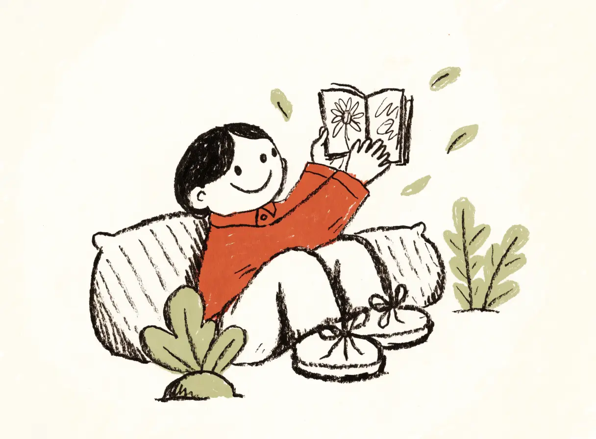 Illustration of a smiling child leaning back on cushions, holding up an open book.
